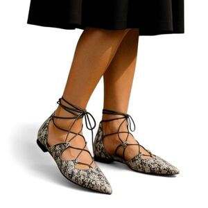Raye Anthropologie Pointed Toe Leather Ballet Flats in White & Black Python Sz 9